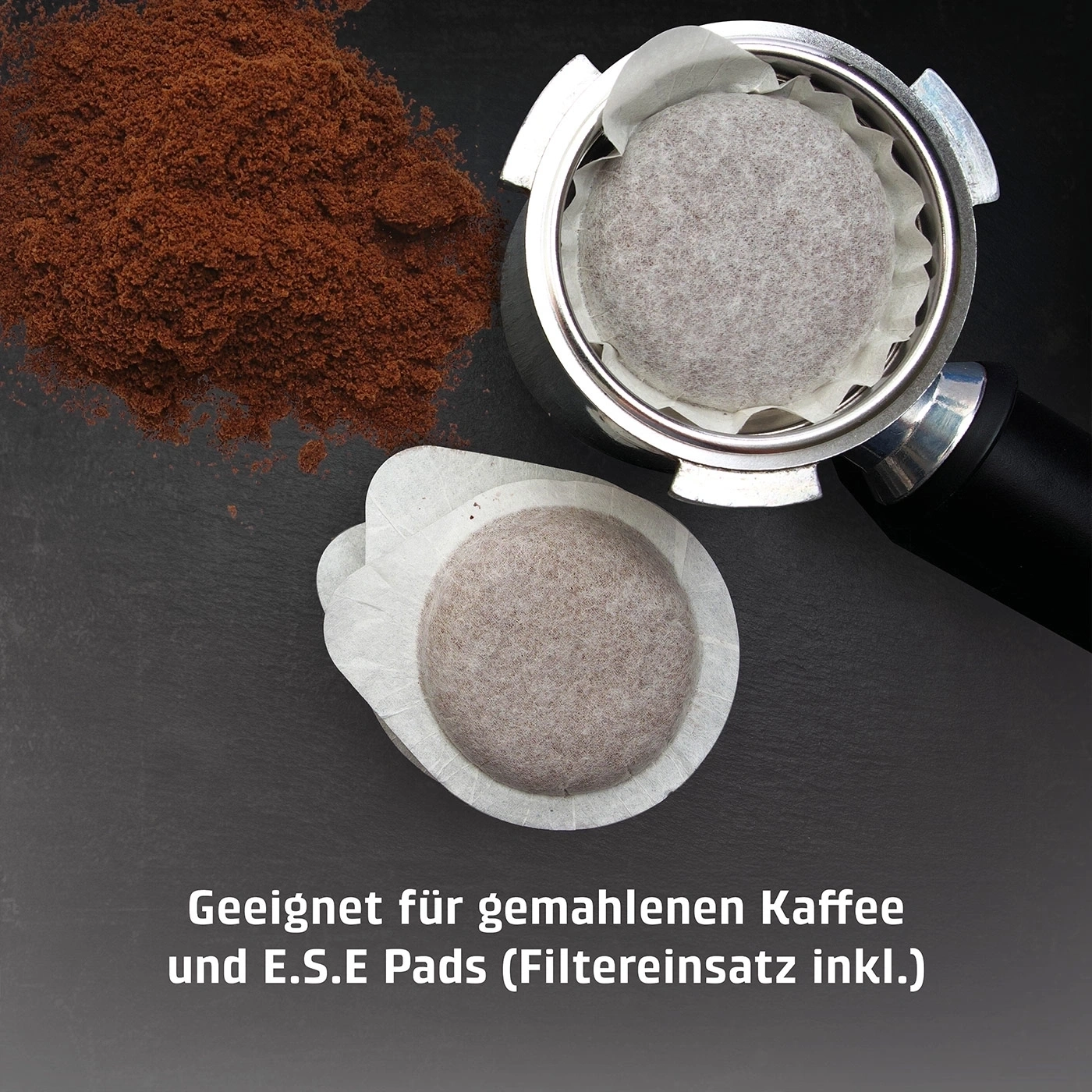 Ground coffee and E.S.E. pods for coffee machine