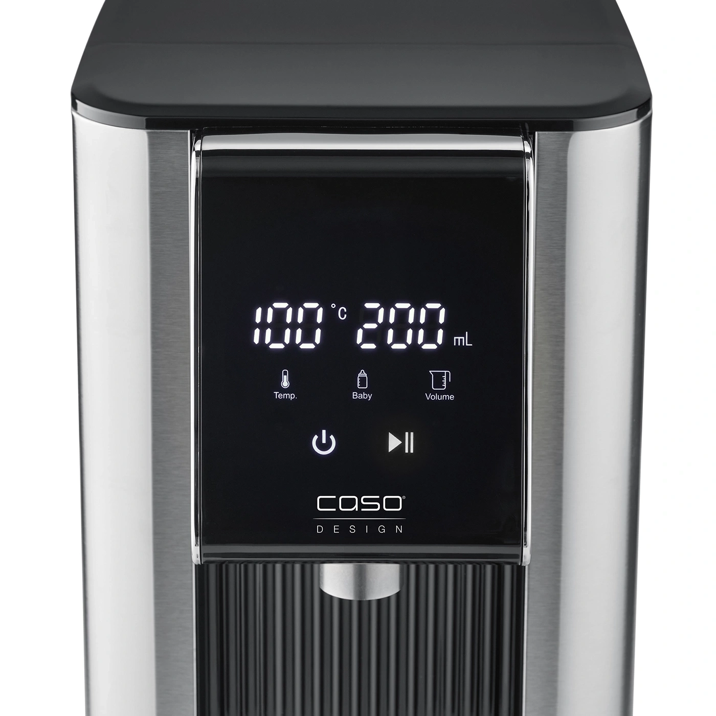 A water dispenser with a digital display for temperature and volume.