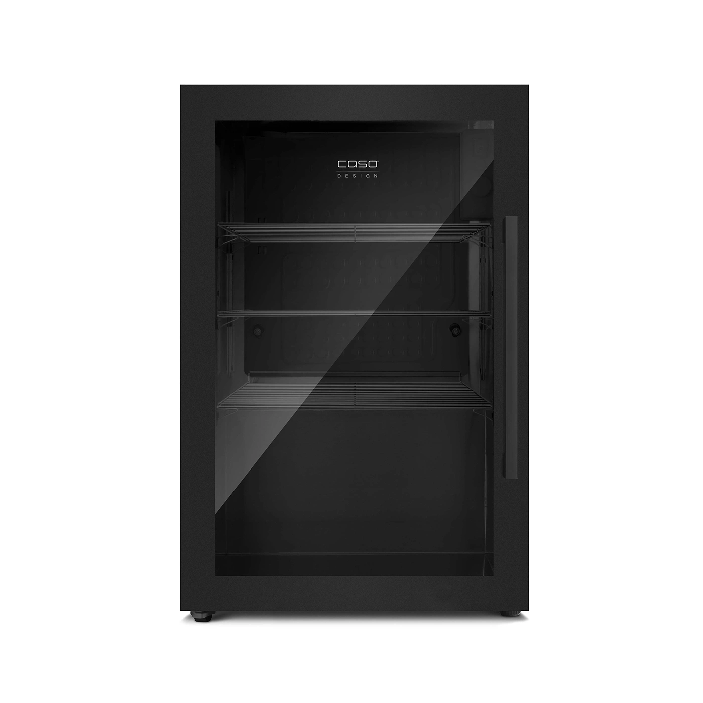 Schwarzer Weinkühlschrank mit Glastür und Regalen, Caso Design.
