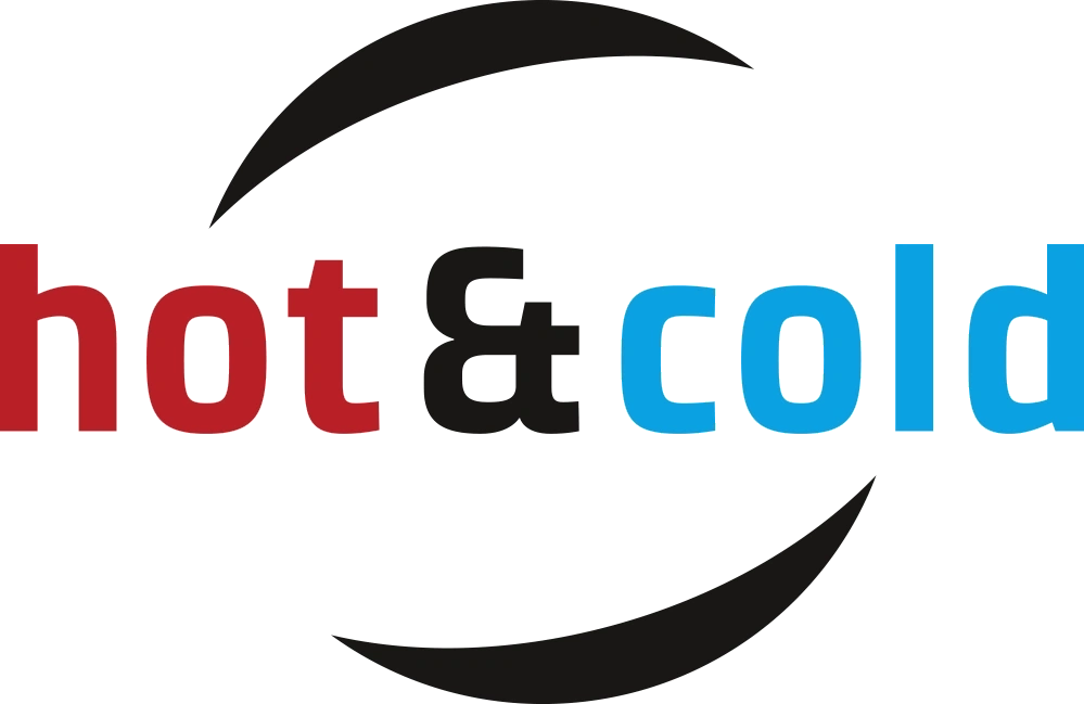 Logo with the words 'hot & cold' in red, black, and blue, with a curved arc