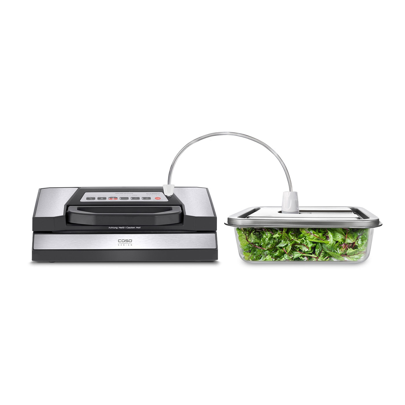 Vakuumiergerät mit Behälter und Salat, Edelstahl-Design, Küche, Lebensmittel
