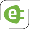 Grünes Logo mit einem Stecker und dem Buchstaben e in einem schwarzen Rahmen.