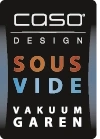 CASO Design Sous Vide Vakuum Garen Logo. Schwarz, orange, blau.