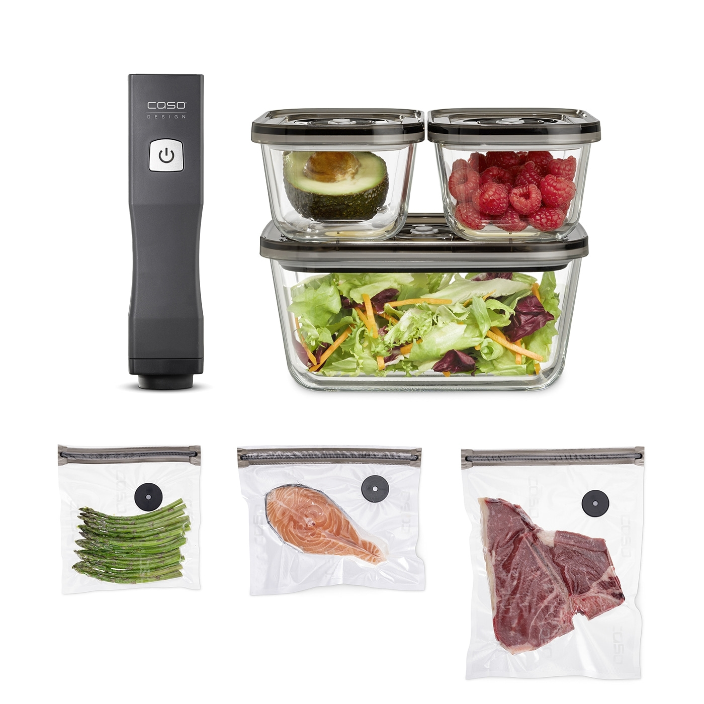 Vakuumiergerät mit Behältern und Beuteln für Lebensmittel, wie Gemüse und Fleisch.