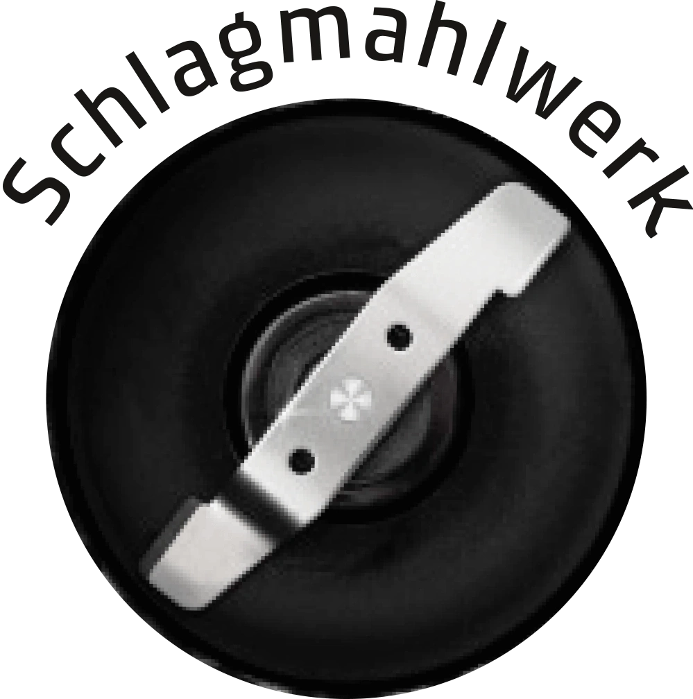 Schlagmahlwerk, schwarzer Kreis, silberne Klinge, Text, weißer Hintergrund, Nahaufnahme