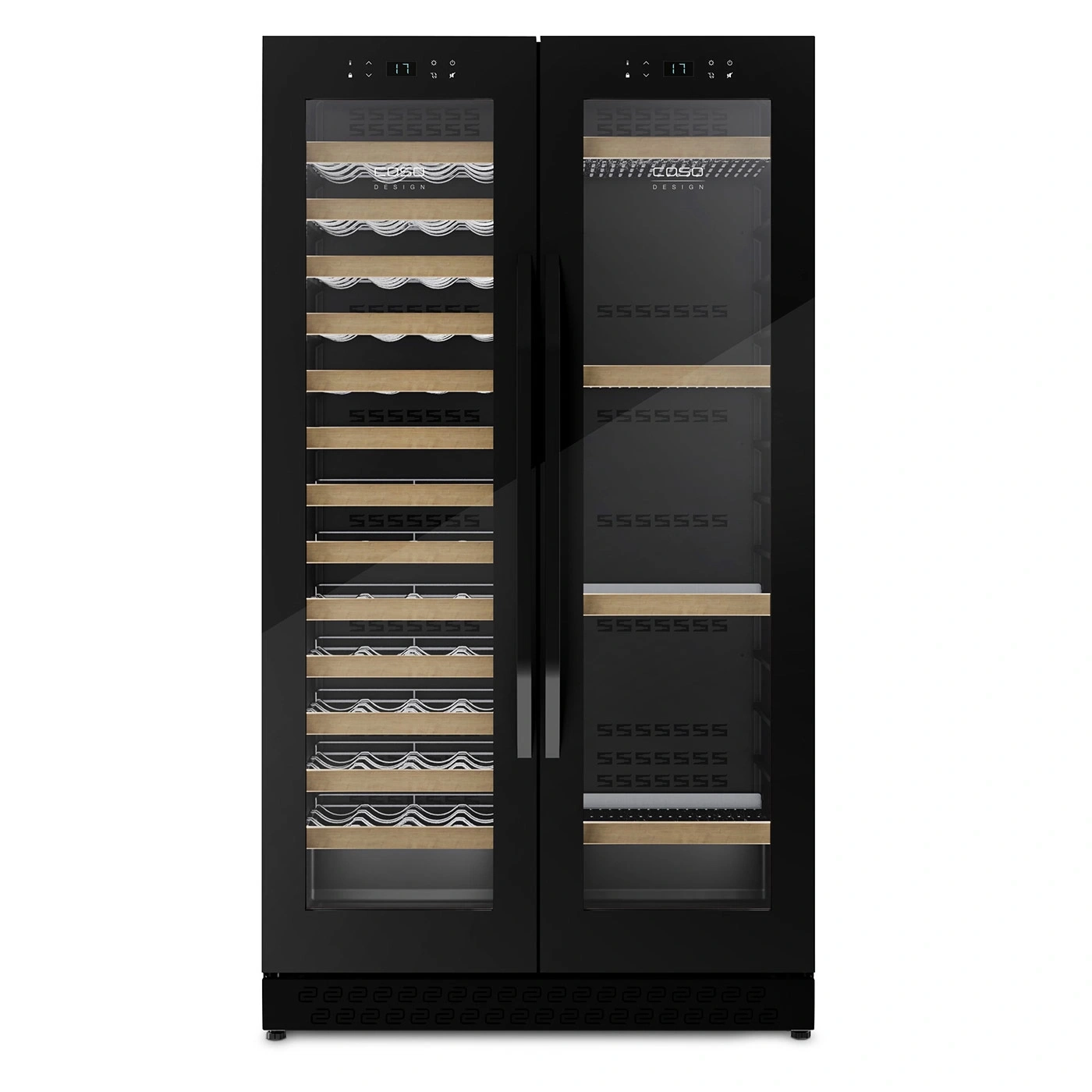 Schwarzer Weinkühlschrank mit Glasfront und Holzregalen, COSO Design.
