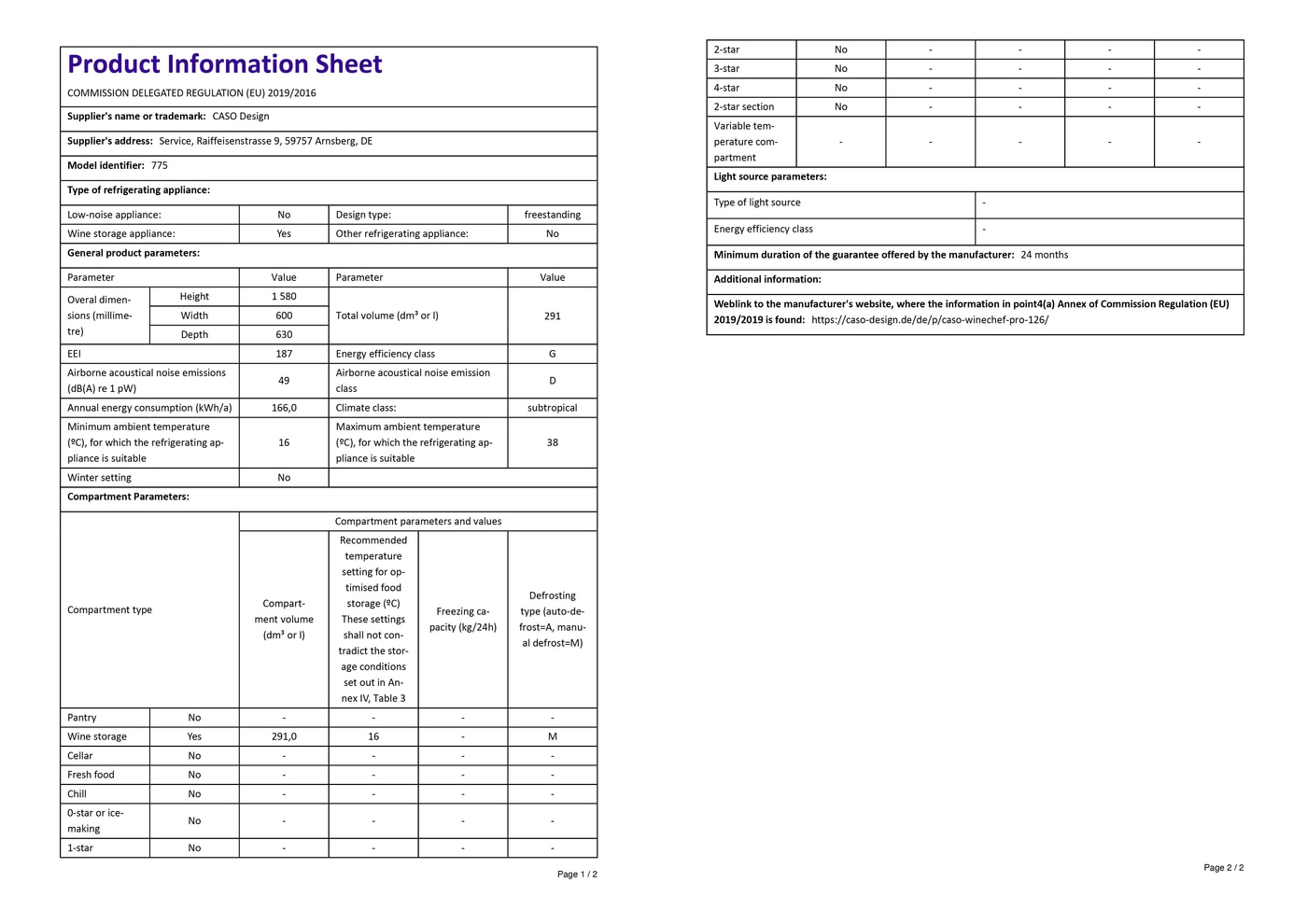 Product data sheet refrigerator: Model 775, energy efficiency G, wine storage, freestanding.