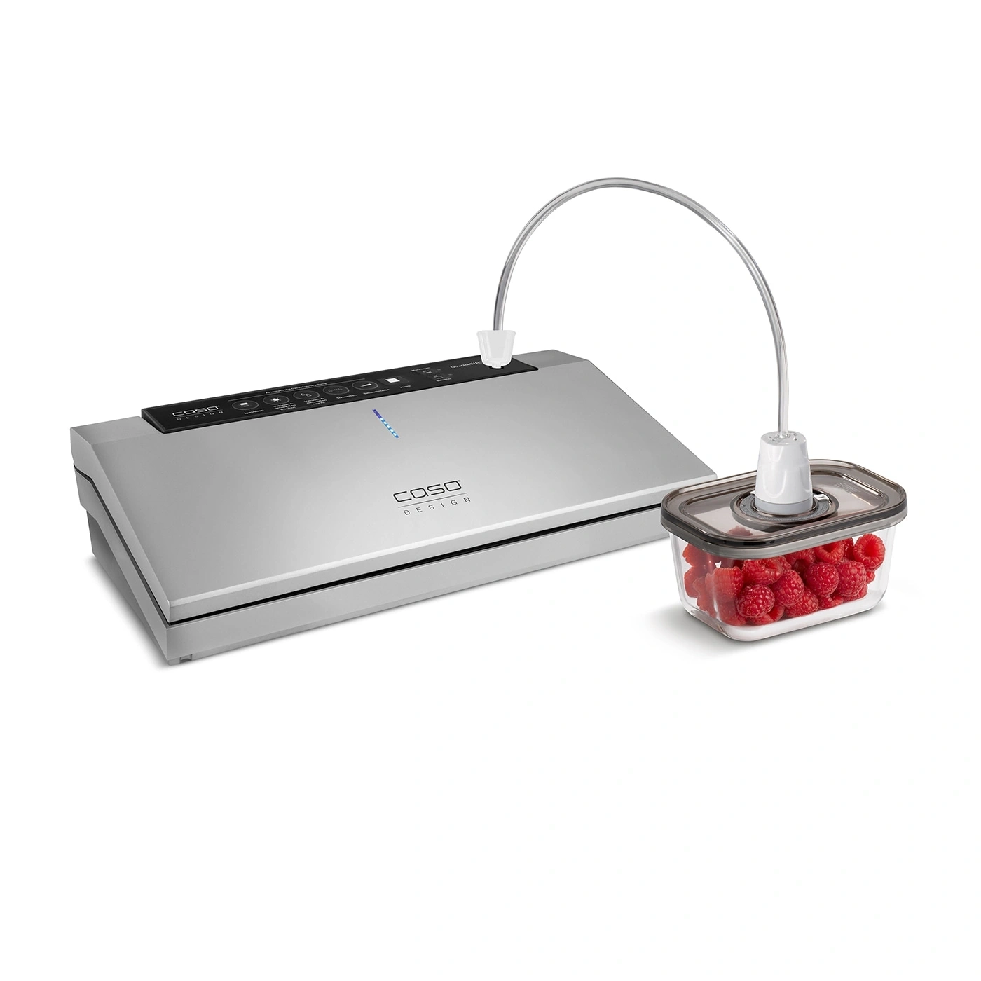 Scelleuse sous vide avec récipient et framboises, argent, Caso Design.