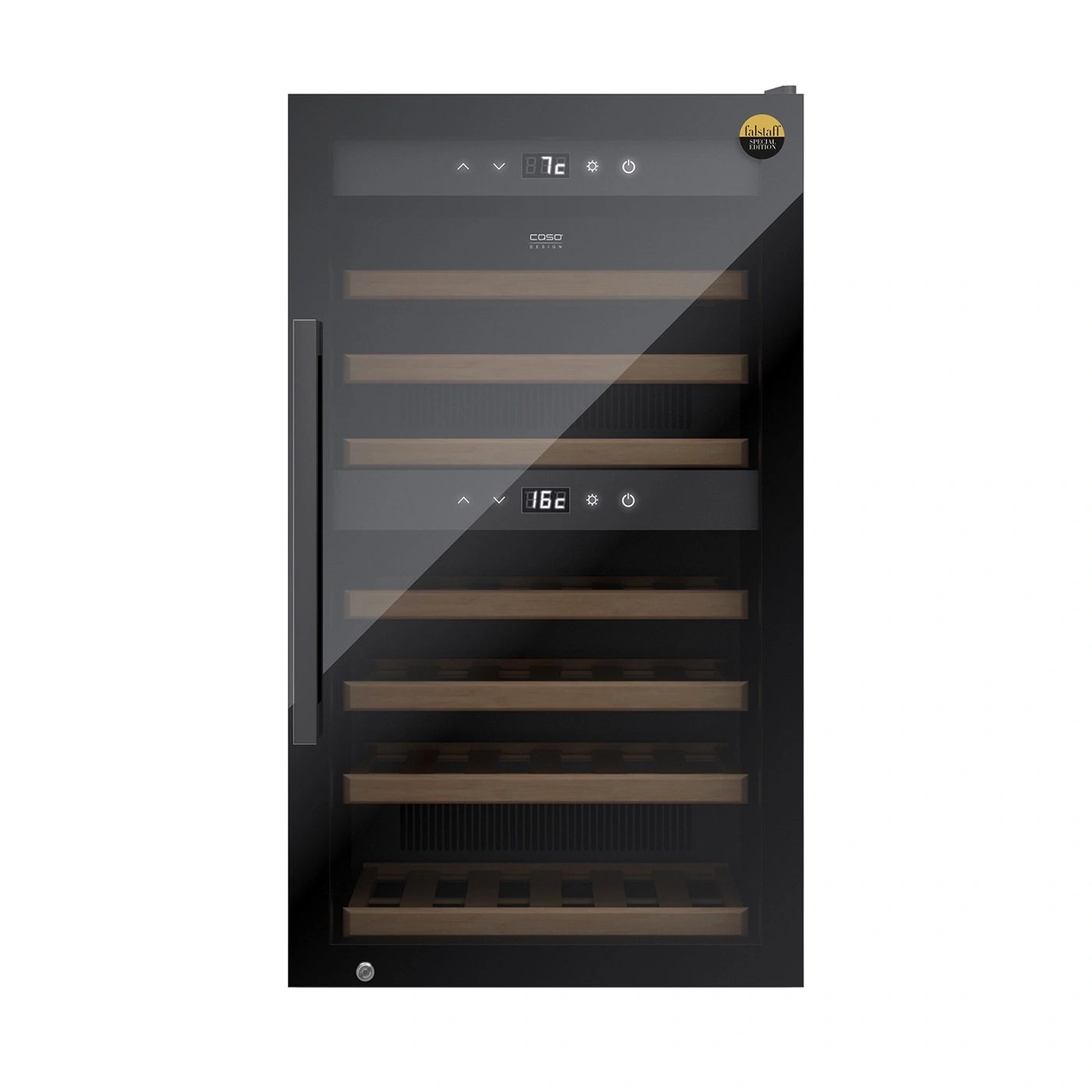 Ein schwarzer Weinkühlschrank mit Glastür und Holzböden.