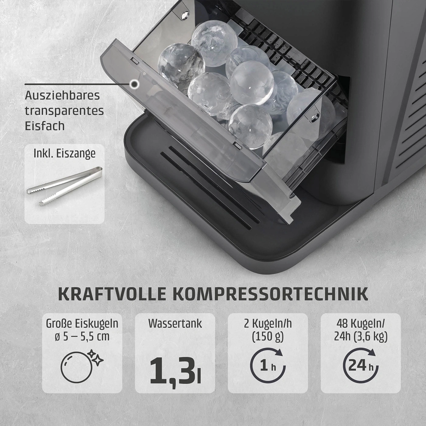 Eismaschine mit runden Eiswürfeln und Zange