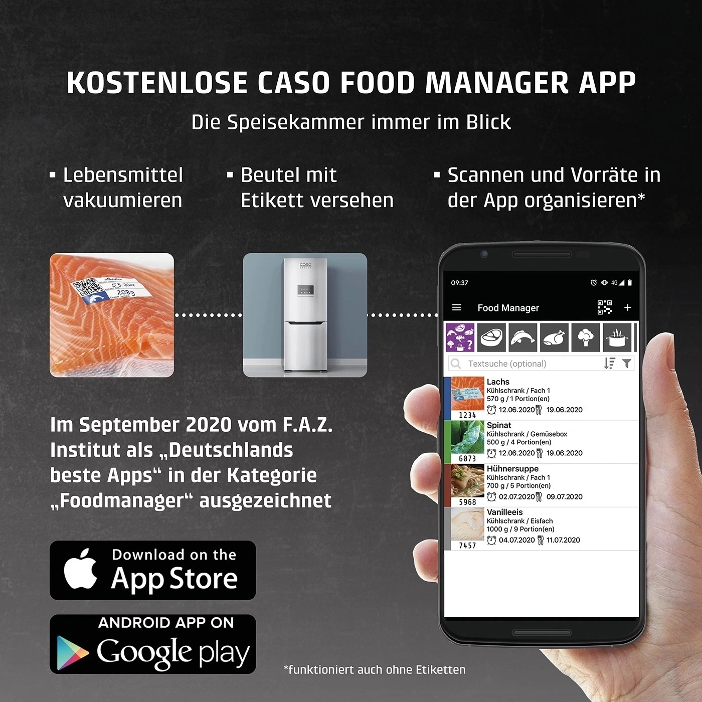 Un affichage de l'application CASO Food Manager sur un smartphone avec des informations sur la mise sous vide et l'étiquetage des aliments.