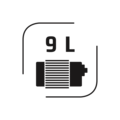 9L battery symbol, black background, rounded corners, energy indicator, capacity