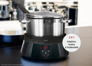 Induction fondue cooker with pot and lid, temperature display, control panel, 2 in 1 function