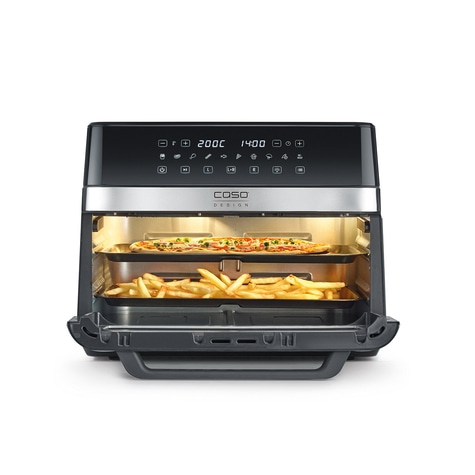 Heißluftfritteuse mit Pizza und Pommes, schwarzes Design, Caso