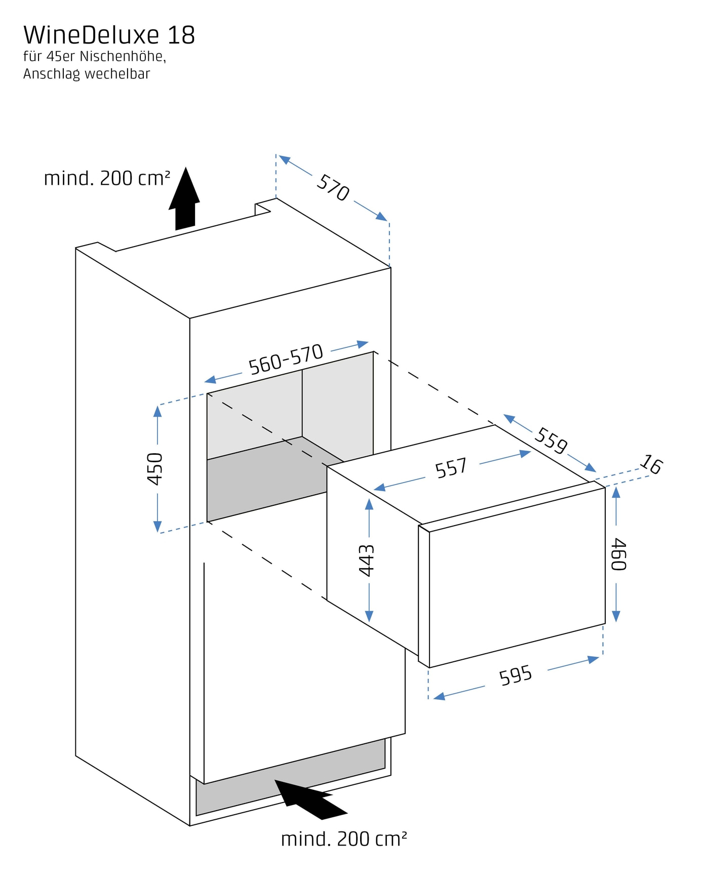 WineDeluxe 18, dimensions in cm, 45er niche height, reversible stop, minimum area 200 cm²