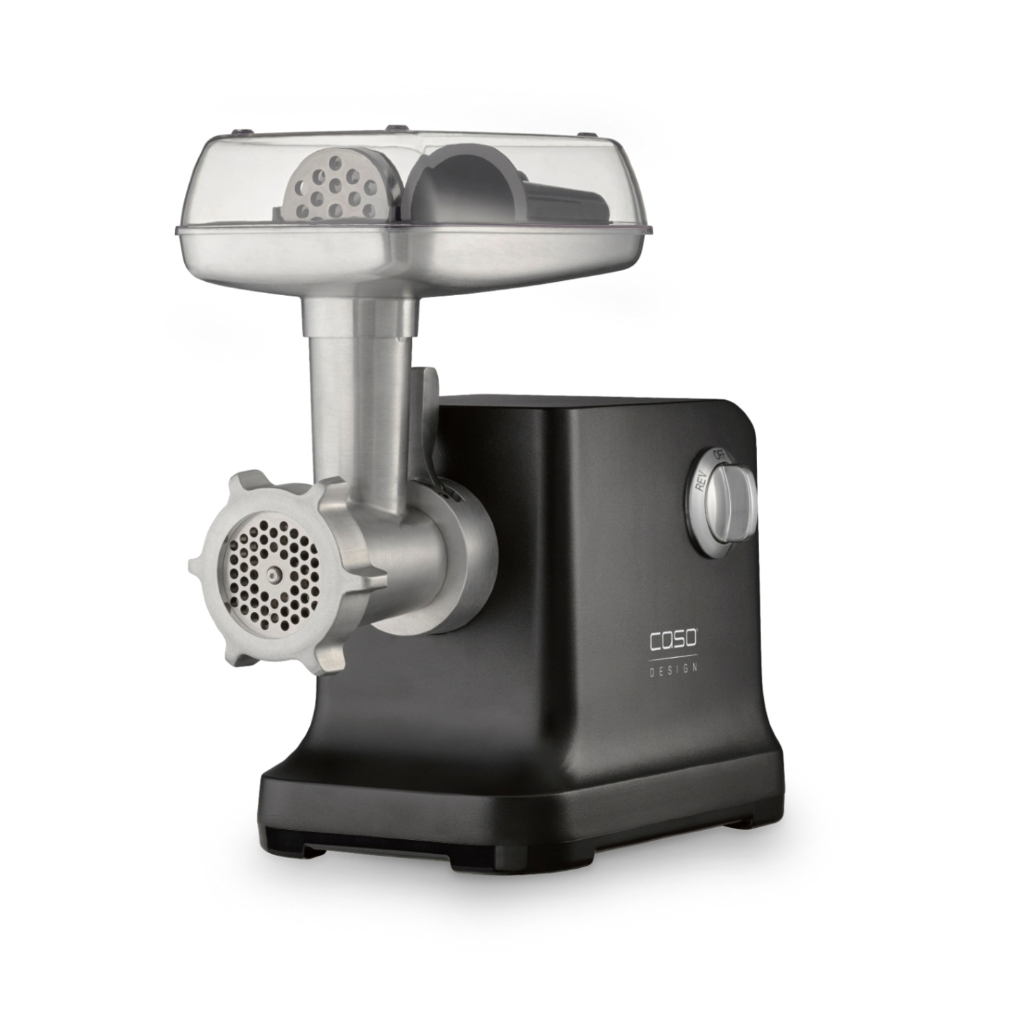 Meat grinder, black, stainless steel, Caso Design, kitchen appliance, close-up, isolated