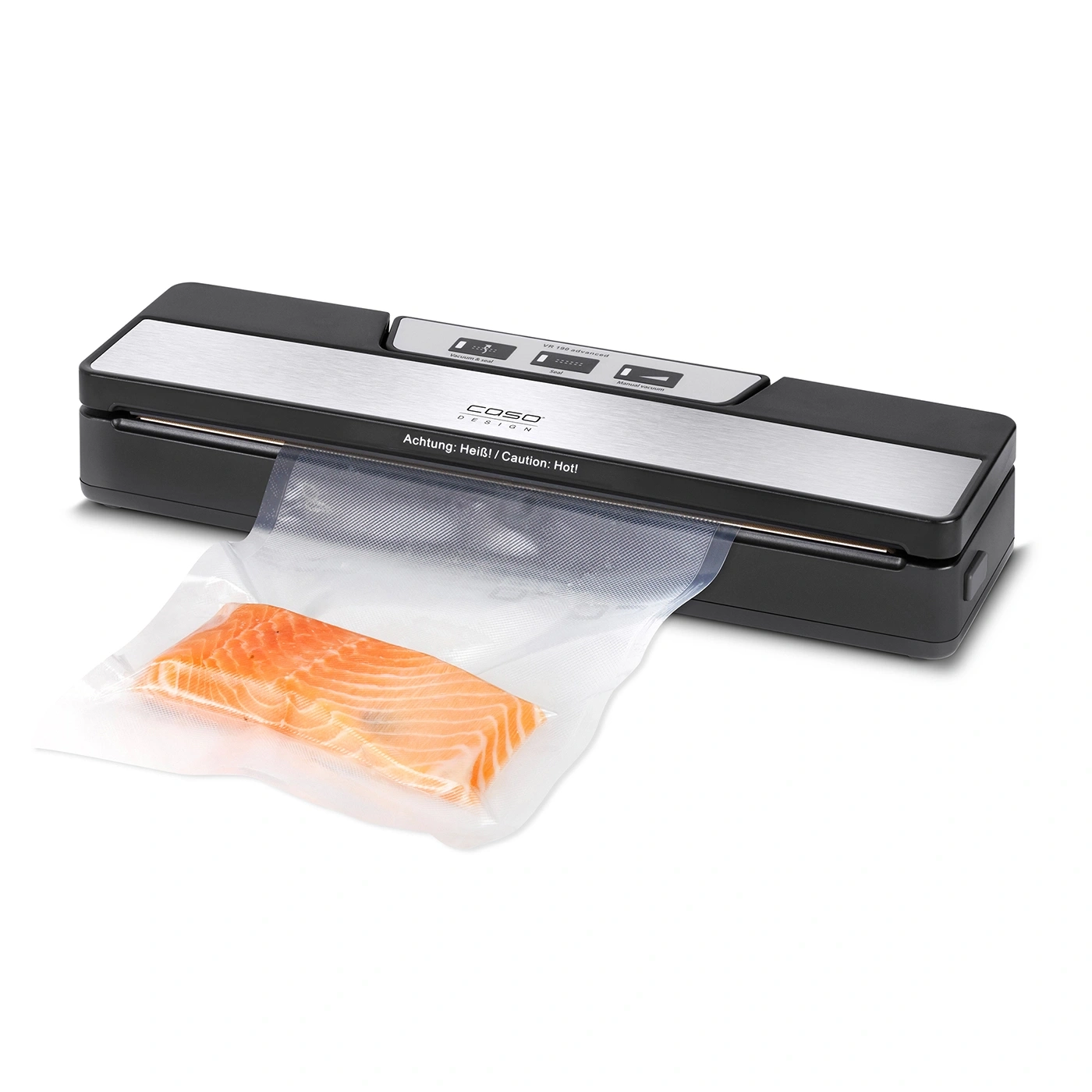 Vakuumiergerät mit Lachs in einem Beutel, Achtung: Heiß!