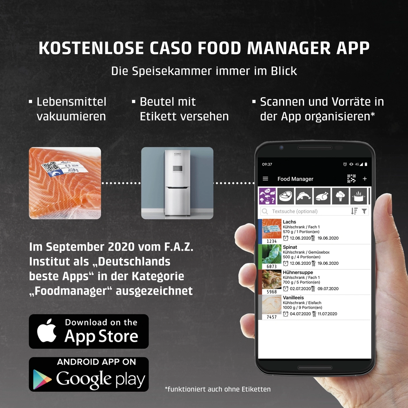 Caso Food Manager App: Mettre sous vide les aliments, scanner et organiser.