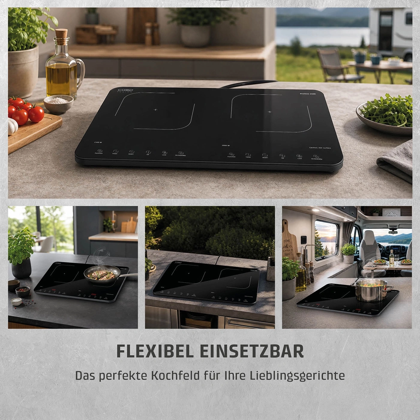 Plaque de cuisson à induction dans divers environnements, cuisine, camping et camping-car