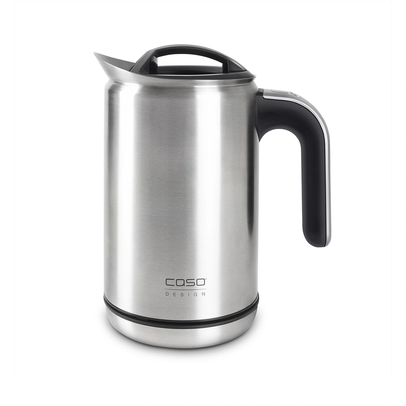 Stainless steel electric kettle with black handle and lid, Caso Design, isolated