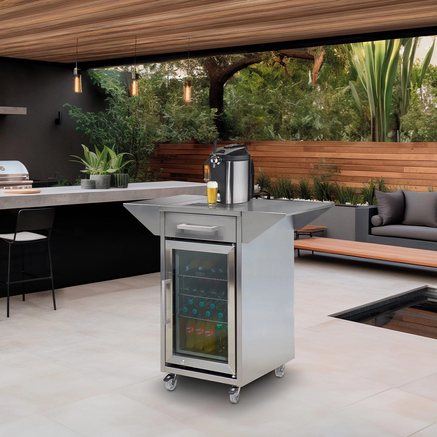 Outdoor beer cooler with glass front and tap, modern design, patio setting