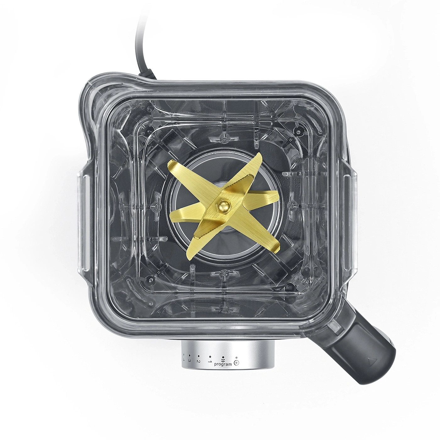 Overhead shot of a transparent blender with golden blades and program selection dial.