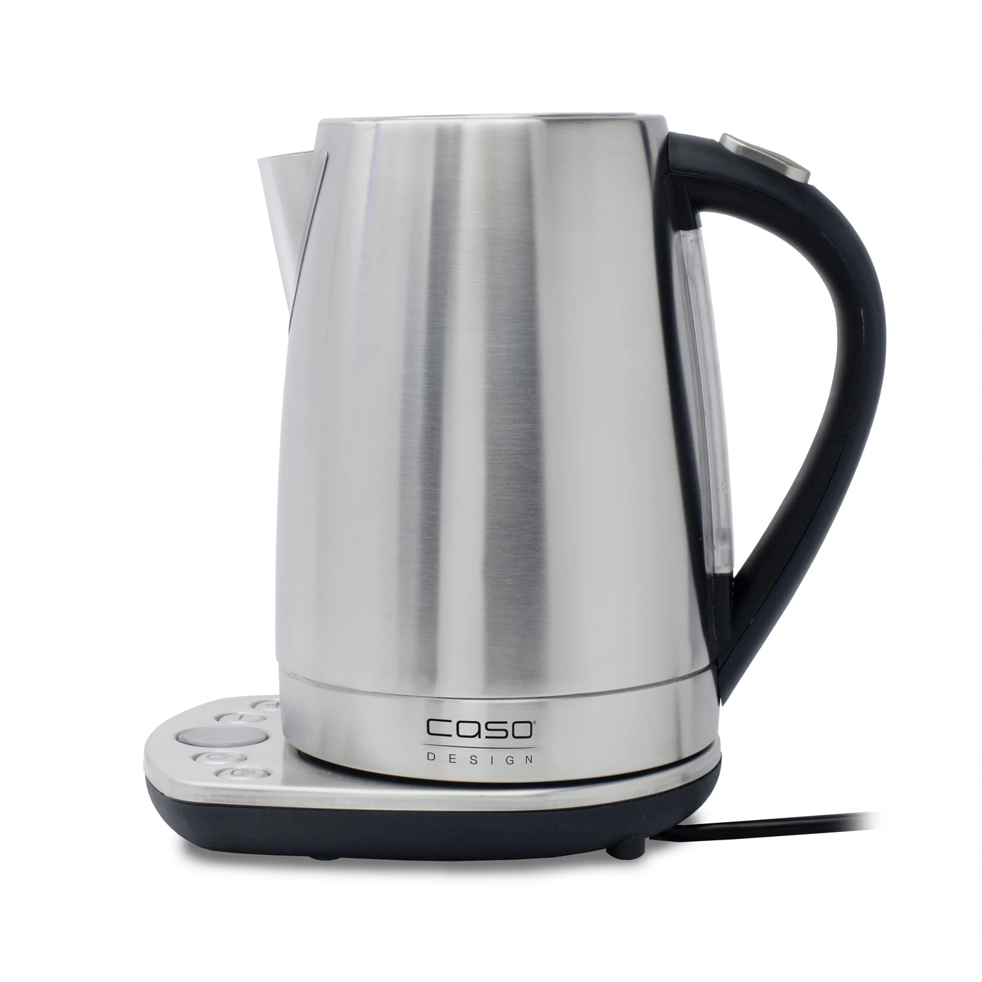 Stainless steel electric kettle with black handle and control panel on white background.