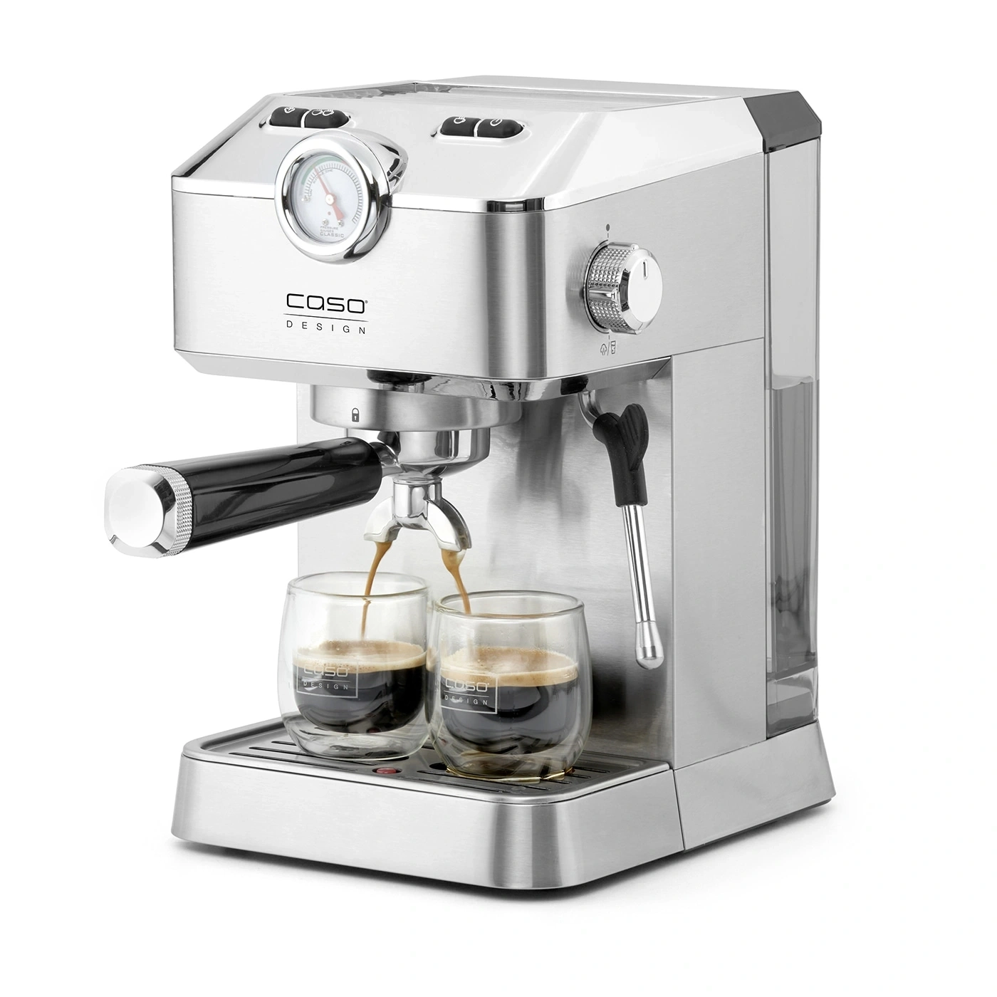 Espressomaschine, Edelstahl, zwei Gläser, Kaffeezubereitung, Caso Design, Getränk, Küche