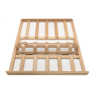 Wooden wine rack, open, with white background, detail view