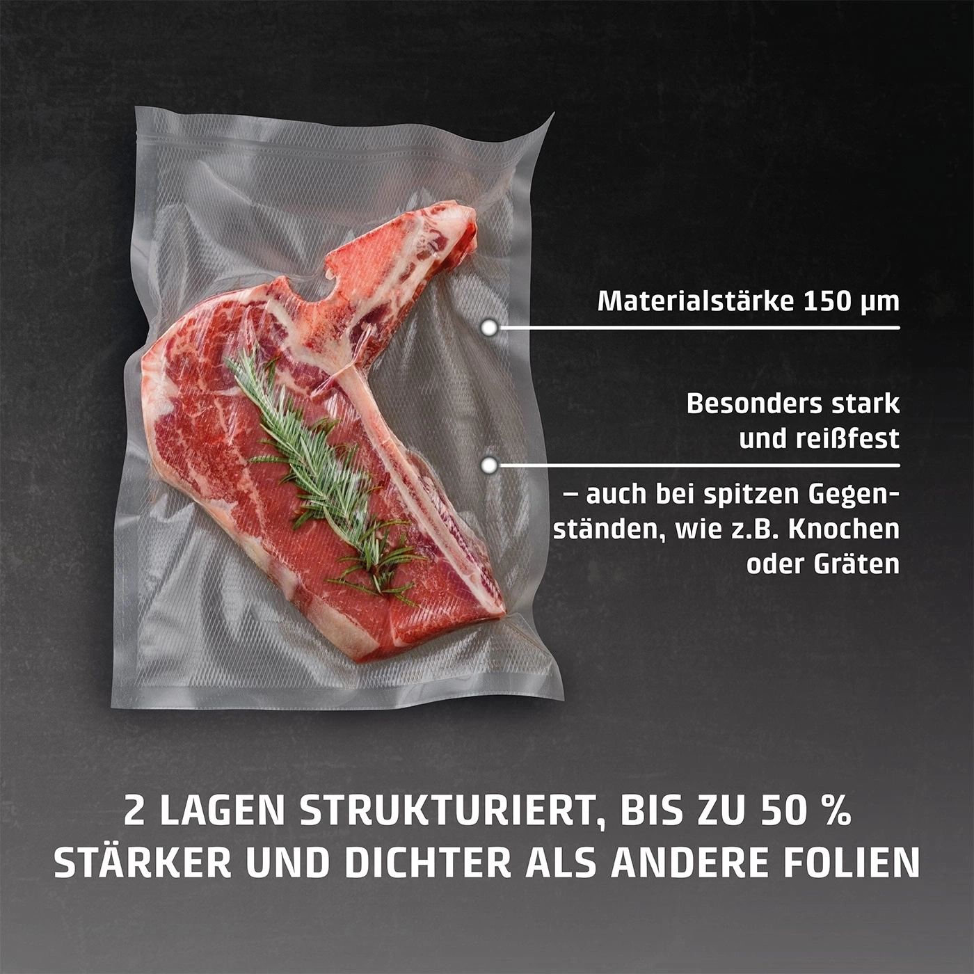 Sachet sous vide avec un steak cru et des informations textuelles sur le matériau.