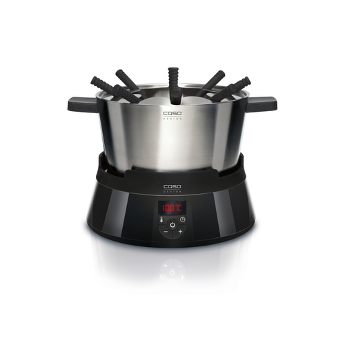 Fondue-Set mit schwarzem Sockel und Temperaturanzeige, bereit für ein gemütliches Essen.