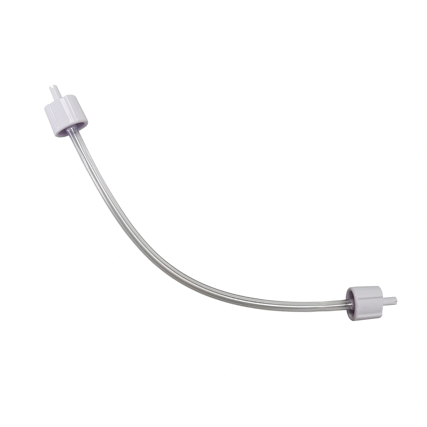 A curved, transparent tube with two gray end pieces.