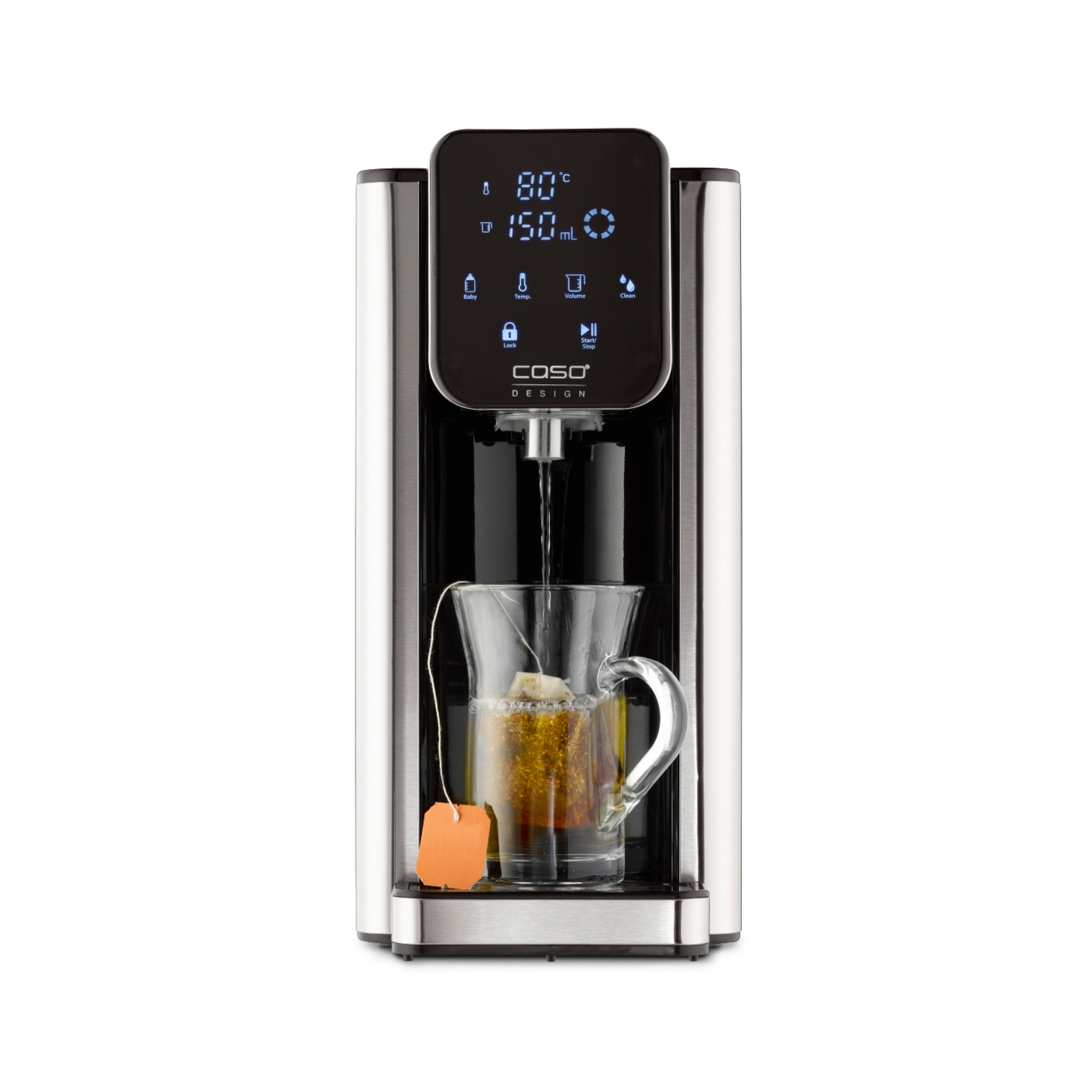 Tea machine with glass, water and tea bag, temperature display, 80 degrees Celsius