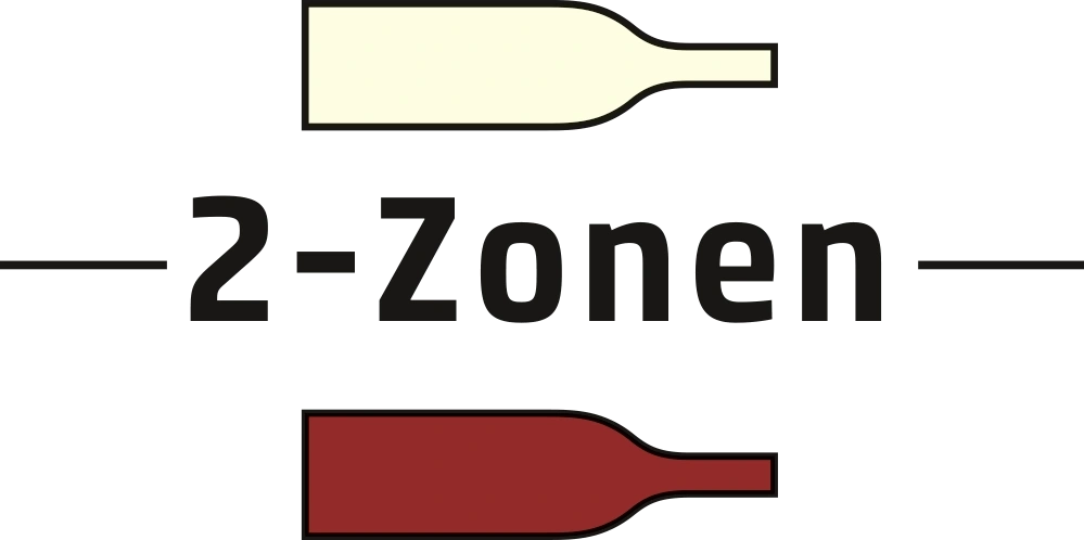 2-Zonen Weinkühlschrank mit zwei Weinflaschen, eine hell, eine dunkel