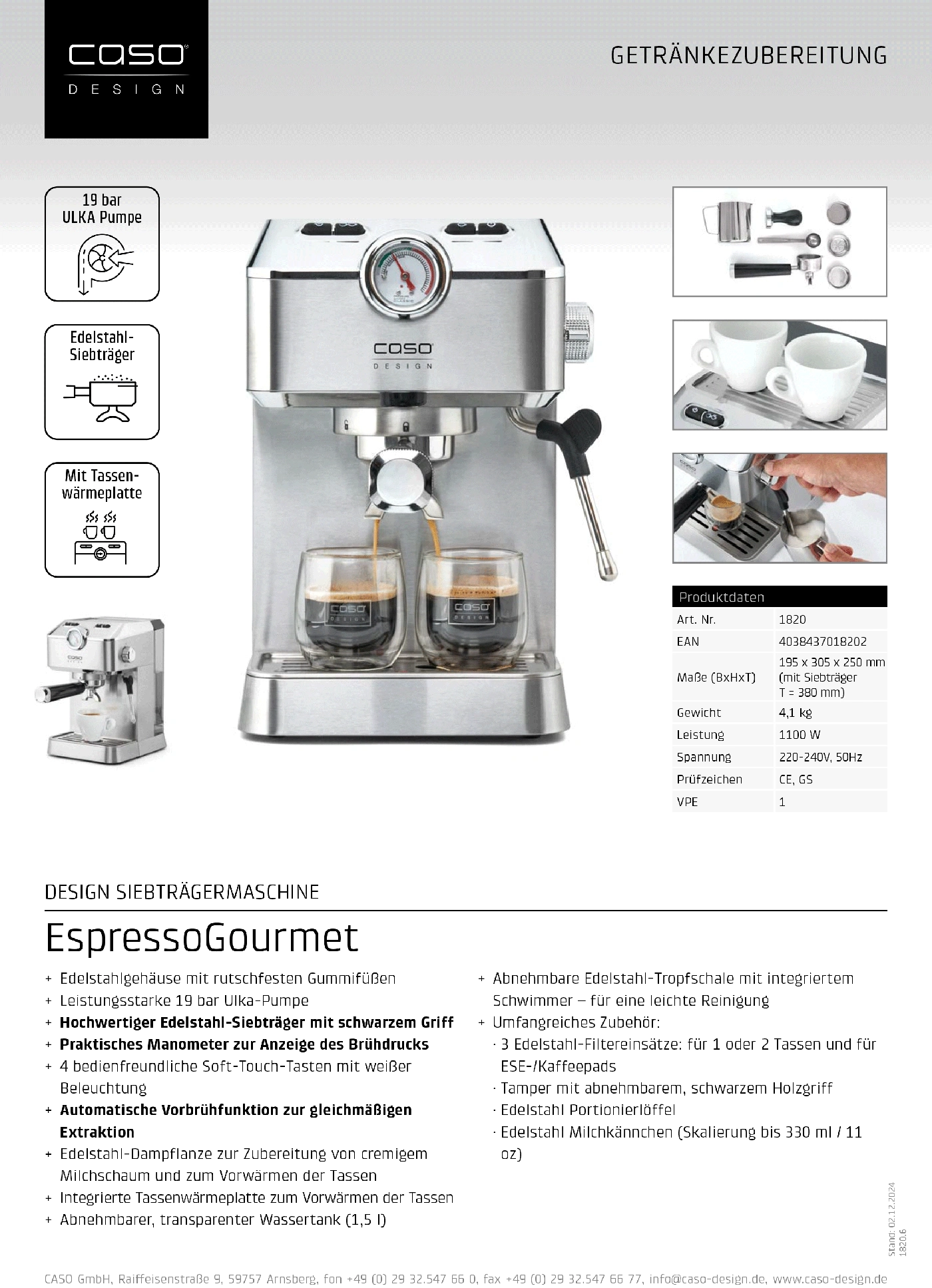 Espressomaschine mit Zubehör, Edelstahl, Manometer, Tassenwärmer, 19 bar, EspressoGourmet