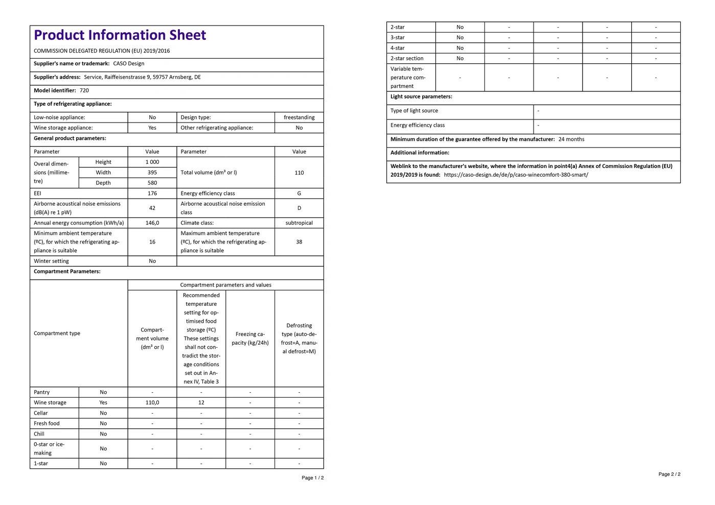 Product data sheet refrigerator: energy efficiency, parameters, wine storage, Caso Design, specifications