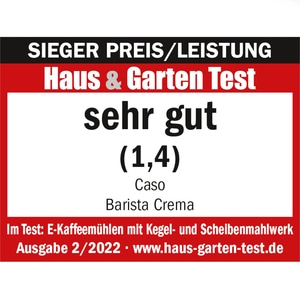 Récompense pour Caso Barista Crema: Très bon (1.4) au test Haus & Garten.