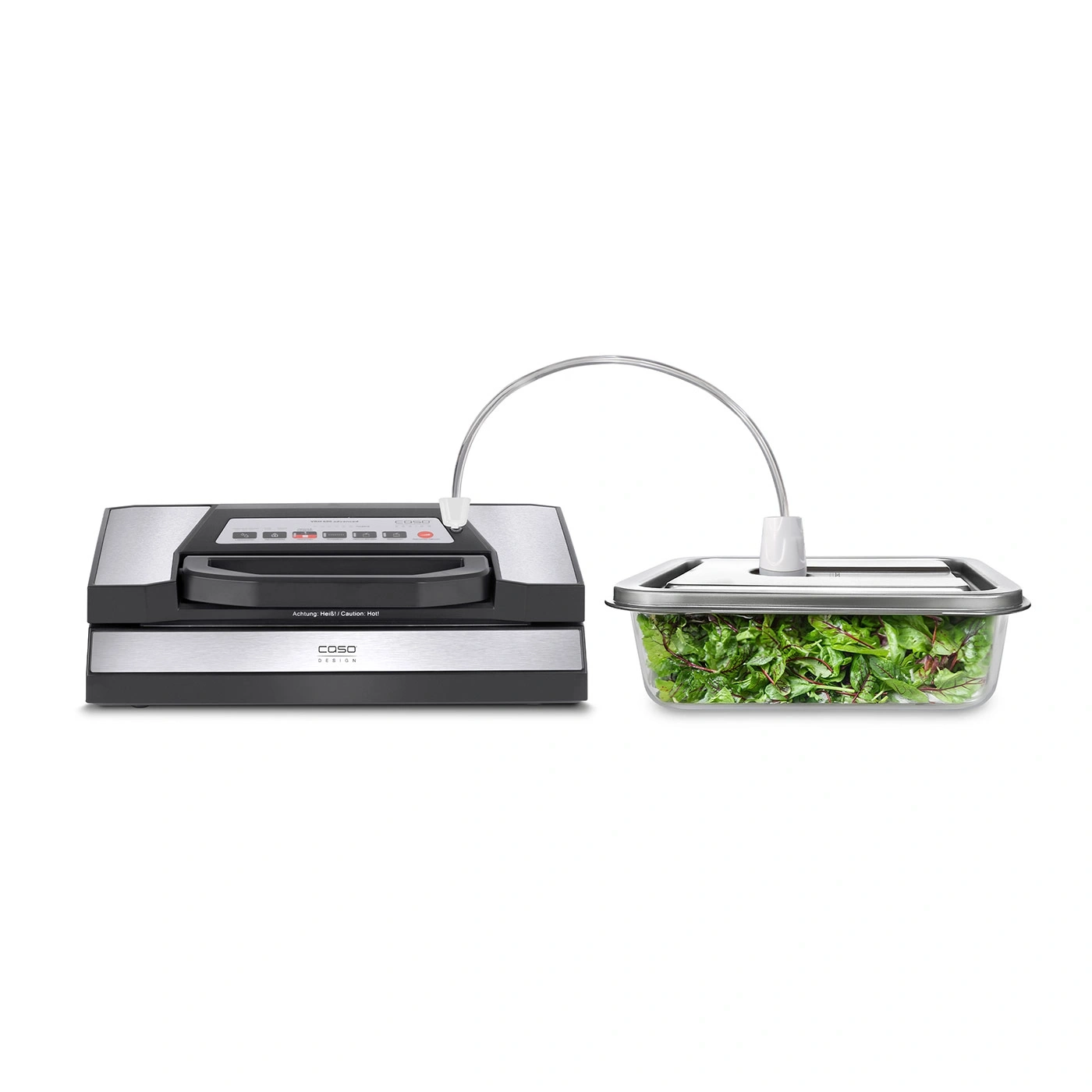 Vacuum sealer with container and salad, stainless steel design, kitchen, food