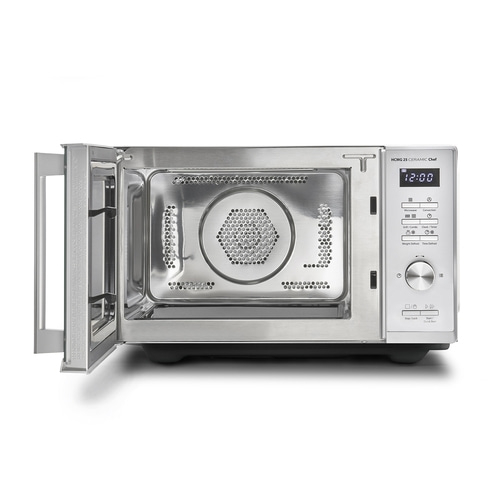 Microwave oven with open door, control panel, clock, cooking functions, stainless steel