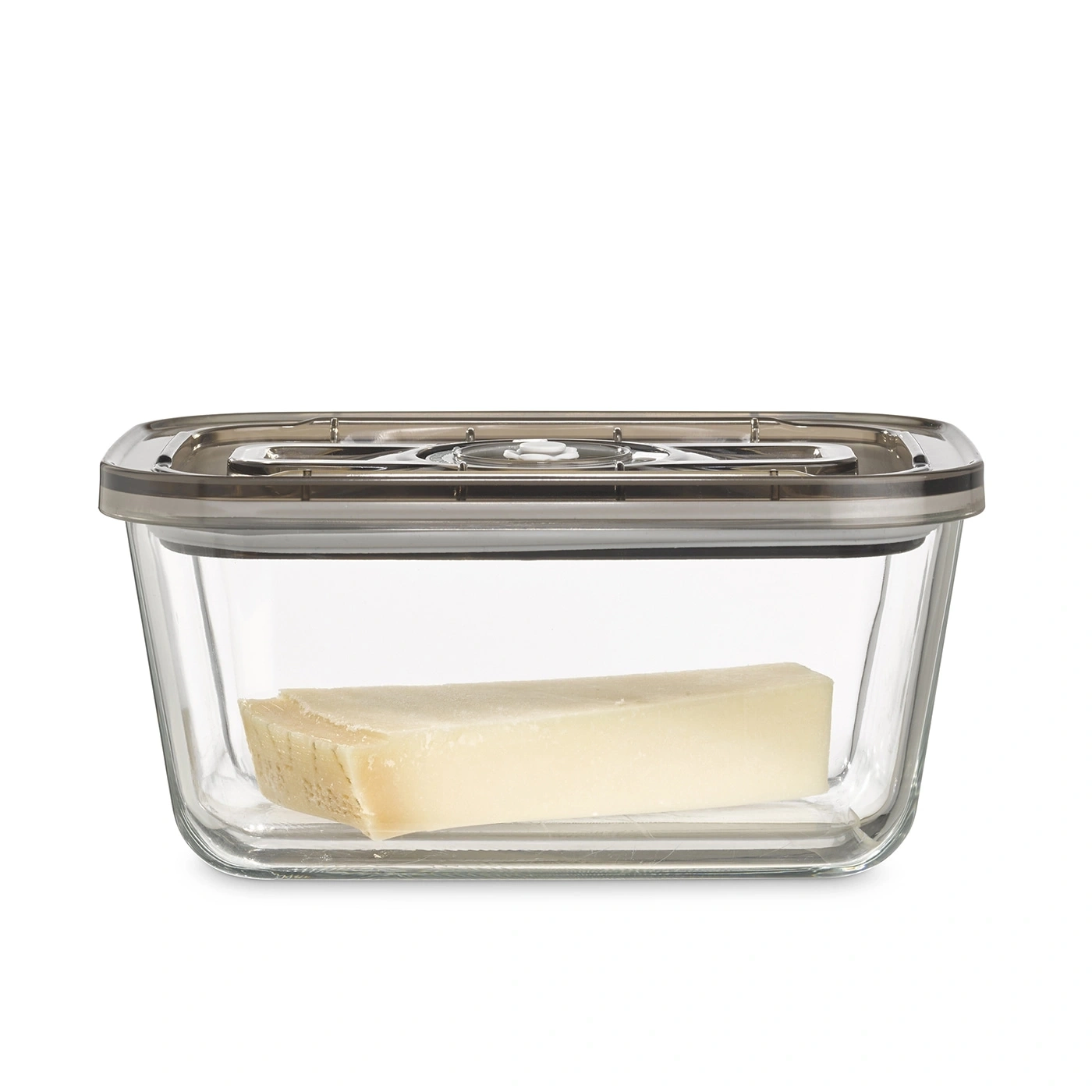 Glass container with cheese, rectangular, transparent, lid, food storage, kitchen