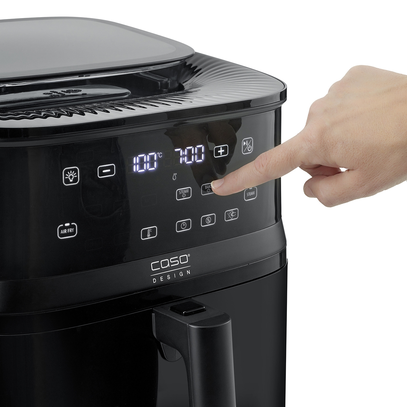 Black air fryer with touchscreen, hand pressing button, temperature display, Caso design.