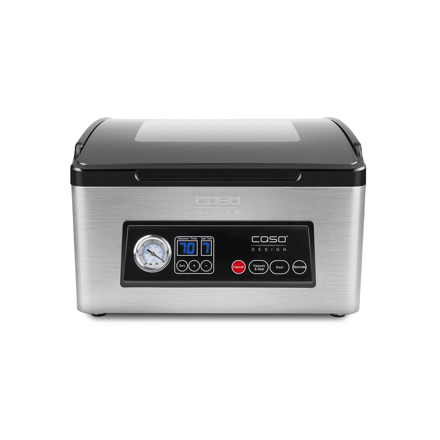 A silver vacuum sealer with a black lid and control panel.