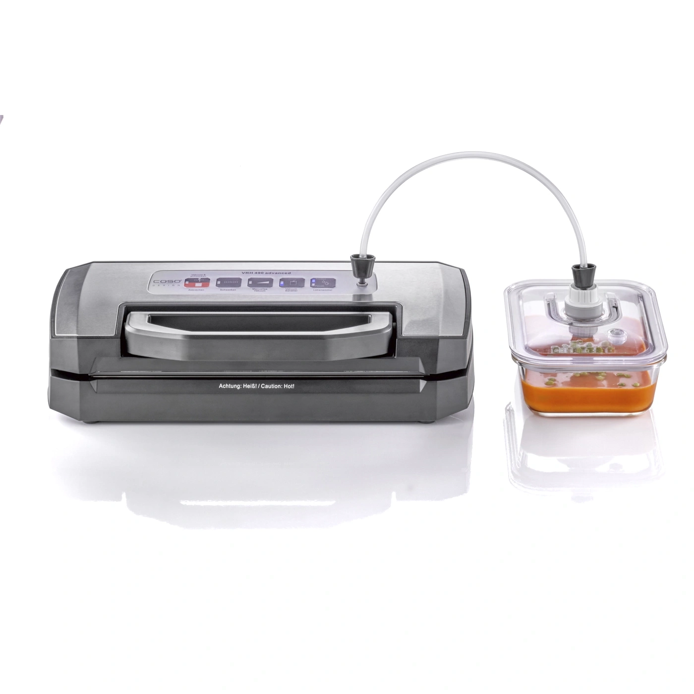Scelleuse sous vide avec récipient et tube, aliments sous vide, fond blanc