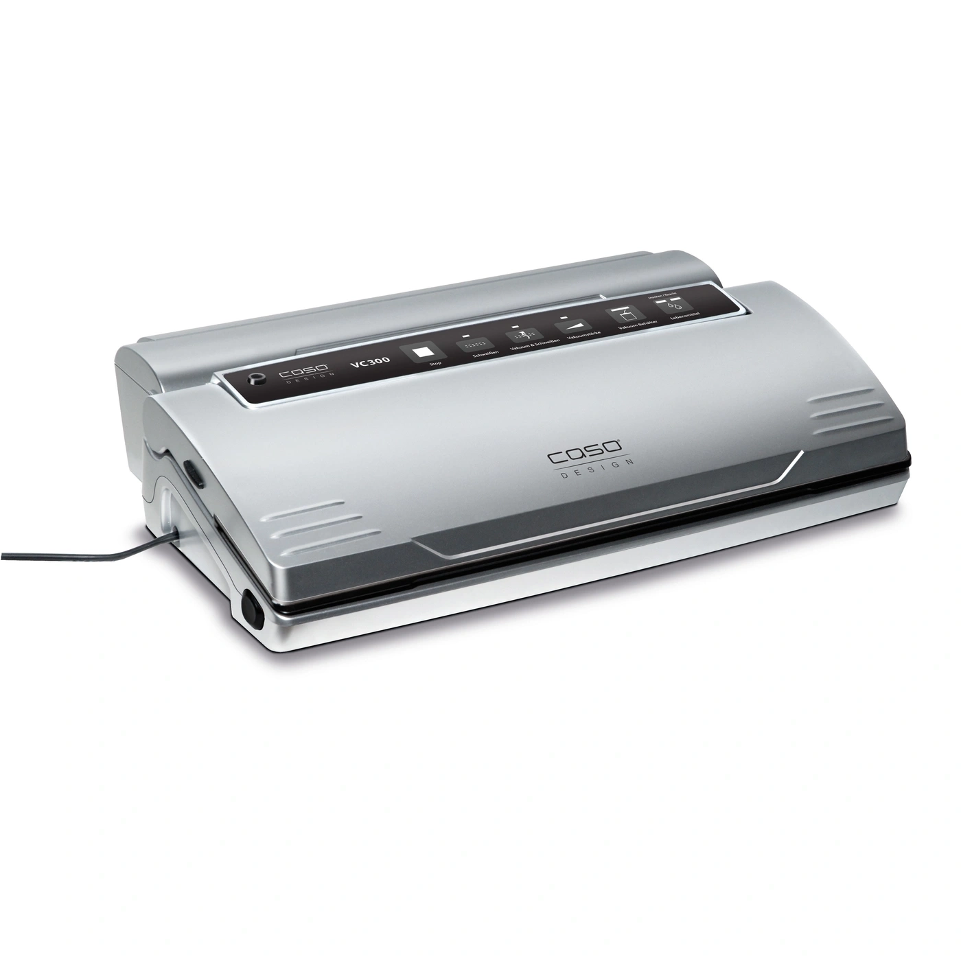 Silver vacuum sealer with control panel and logo. Caso VC300 model.