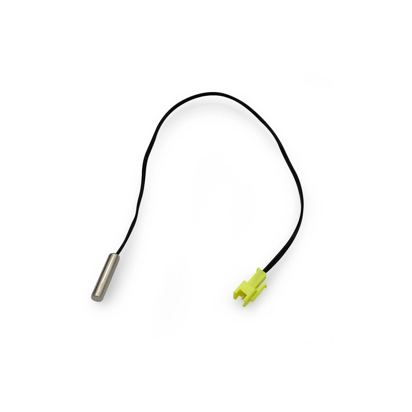 Temperatursensor mit gelbem Stecker und schwarzem Kabel auf weißem Hintergrund