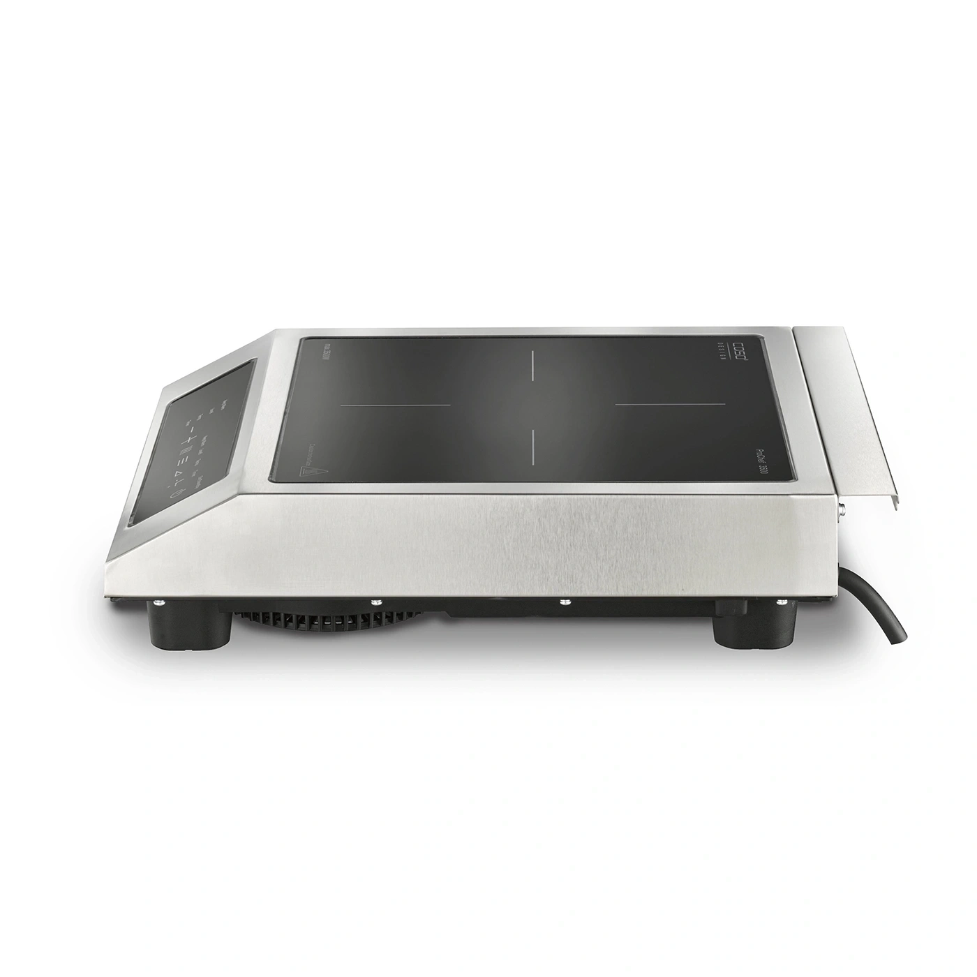 A modern induction cooktop with stainless steel design and digital display.