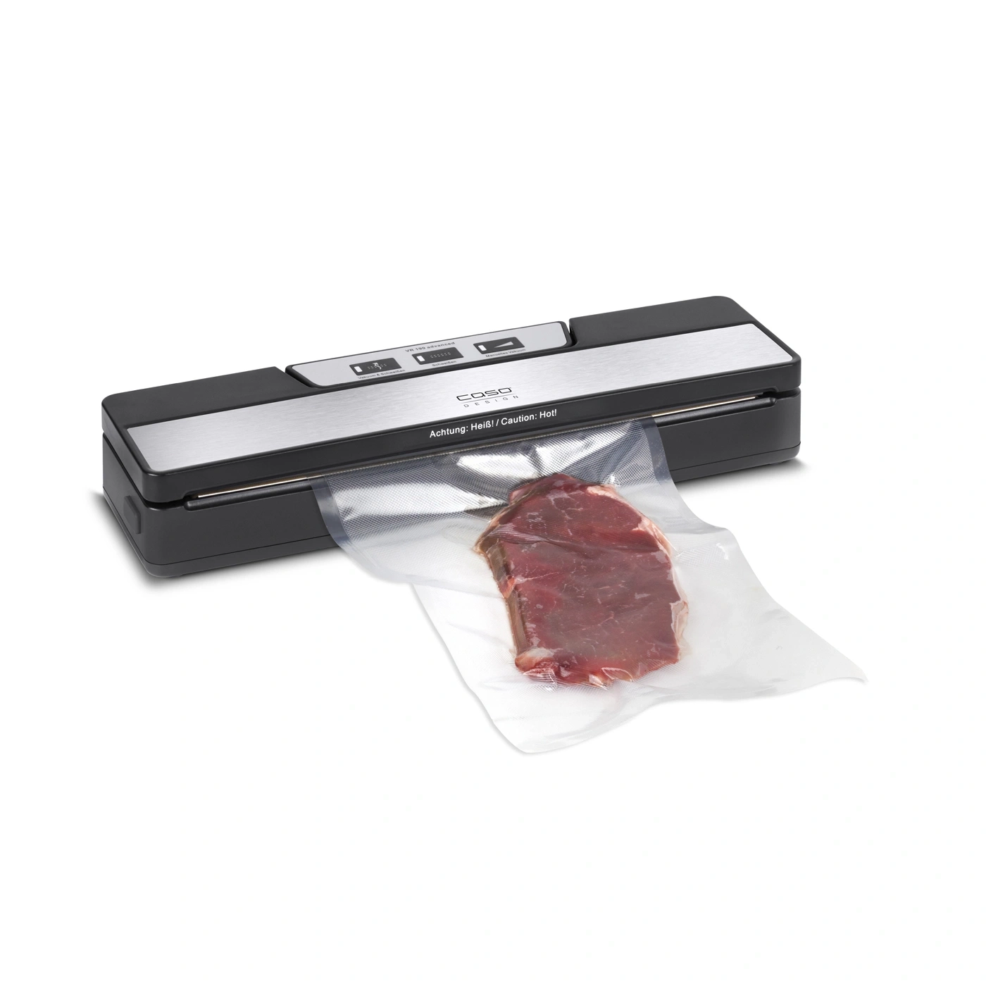 Vacuum sealer with meat in a bag, ready for vacuum sealing process.