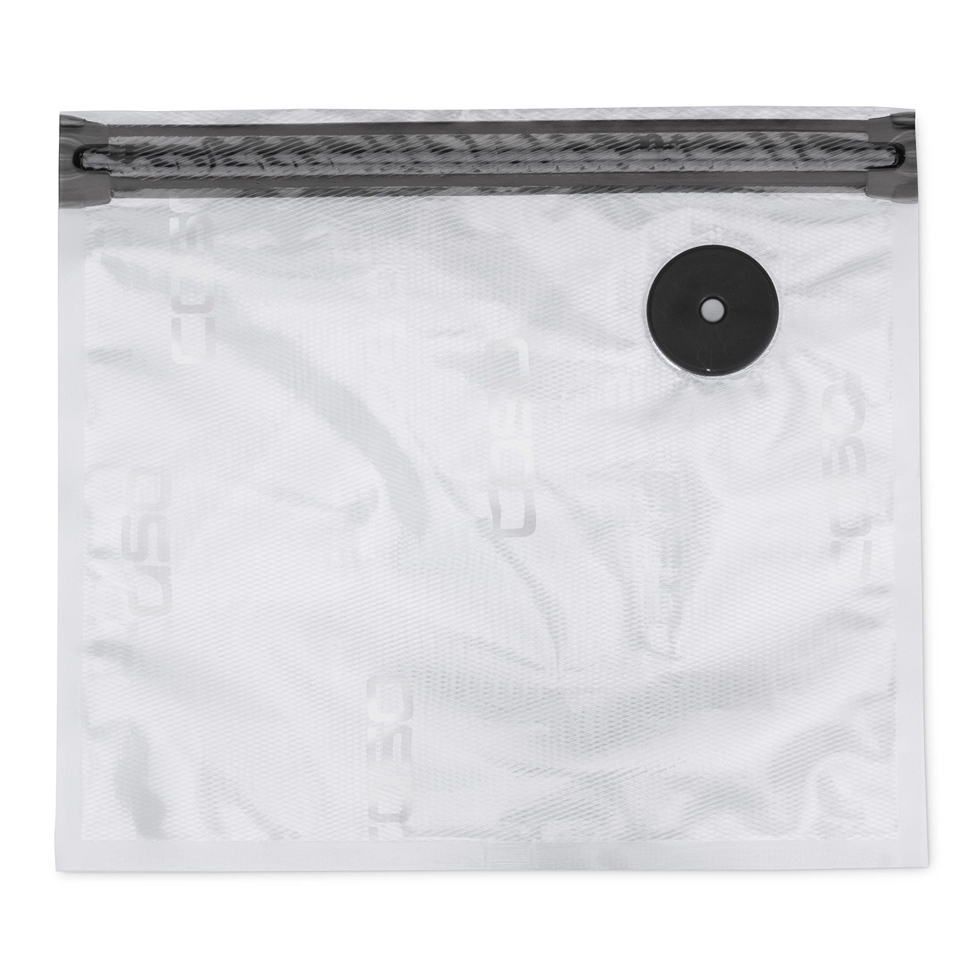 Sac sous vide blanc avec fermeture et valve noires, pour la conservation des aliments
