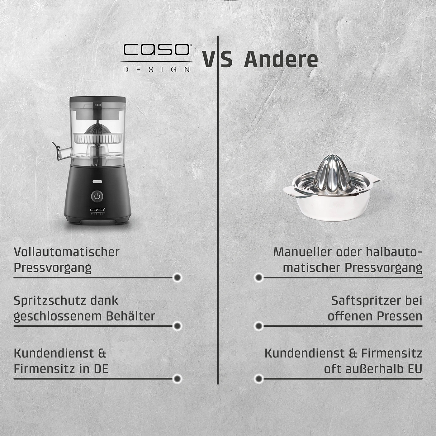 Comparaison de presse-agrumes Caso Design : automatique vs manuel, service client en Allemagne