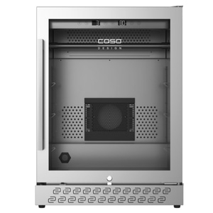 Edelstahl-Kühlschrank mit digitaler Anzeige und Caso-Logo, Design-Kühlschrank